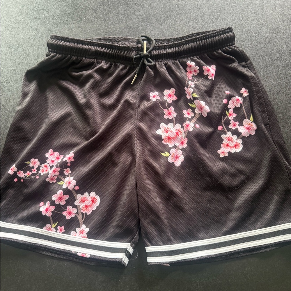 Black and Pink Athletic Shorts with Cherry Blossom Design